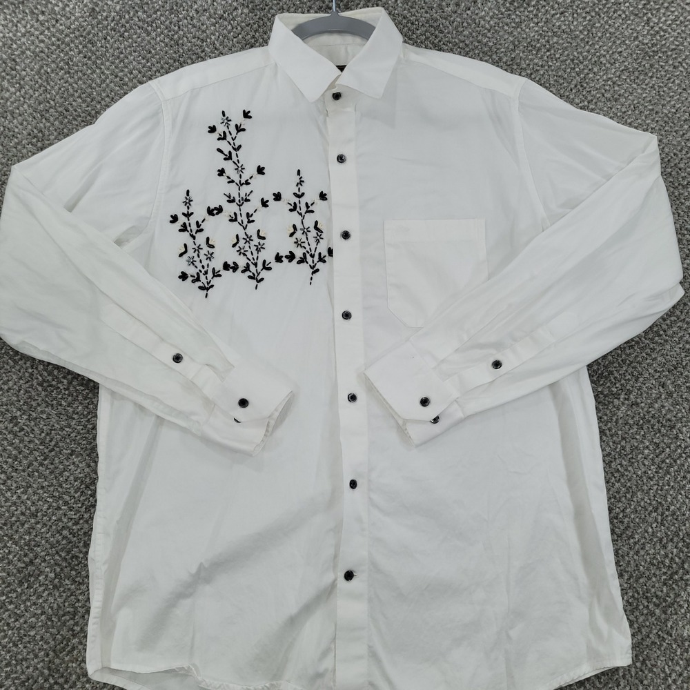 French Crown White Embroidered Floral Button Down Shirt Mens 42 Large LS